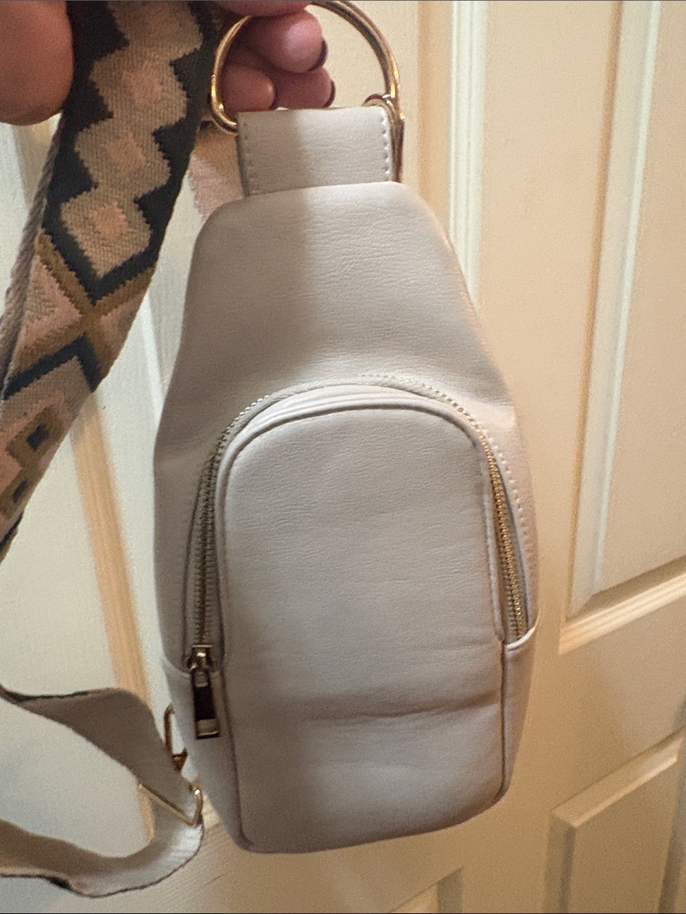 Neutral Cream Crossbody Sling Bag with Patterned Strap